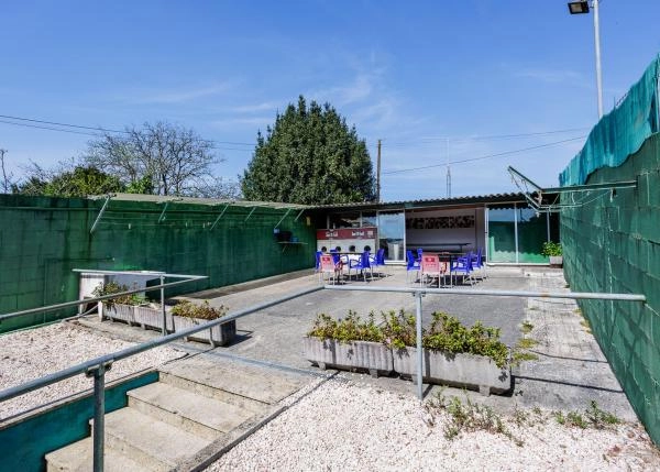 1975-Galicia, O Pino, pilgrims hostal, outside patio