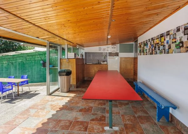 1975-Galicia, O Pino, pilgrims hostal, dining area 1